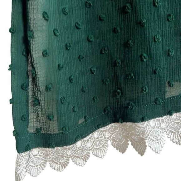 Moroccan Swiss Dot Long Sleeve Lace Trim Chiffon Kaftan Short Dress Green Small - Picture 4 of 5